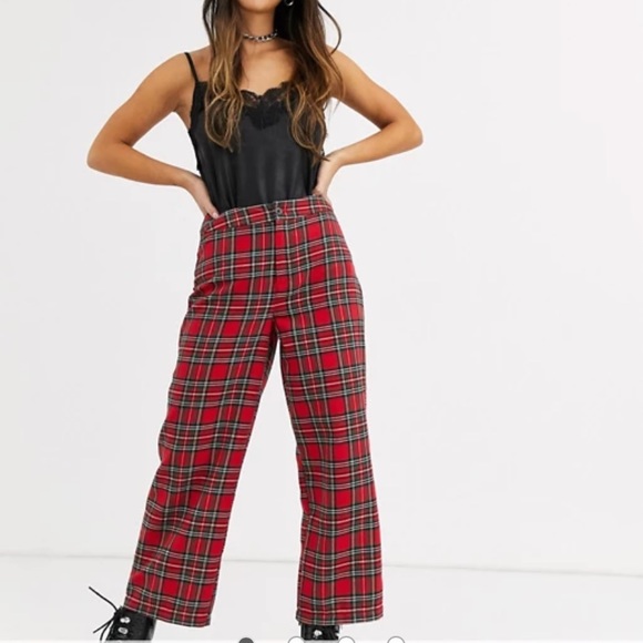 ASOS DESIGN Petite straight leg pants in red plaid - Picture 1 of 5